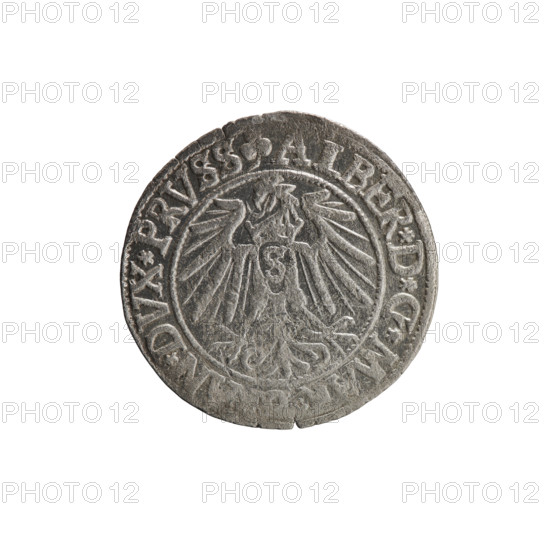 grosz, Schilling, Maciej, R0 (rarity), Albrecht Hohenzollern (Prince of Prussia; 1490-1568) — iconography: eagles, Hohenzollern (coat of arms), male busts in armor. Obv.: Prussian eagle, on its chest the crowned letter S; in the rim, between pearl-shaped borders, inscription beginning with a trefoil ALBER*D*G*M, N*DVX*PRVSS. Rev.: male bust in armor in profile to the right; short hair, long beard with sideburns, dividing the inner border; in the rim, between pearl-shaped borders, inscription beginning with the Hohenzollern shield *IVSTVS*EX*FID, IT*I54I*. 1541, Königsberg, Ducal Prussia (1525–1701). Coin: diameter 23.8 mm, weight 1.81 g, axis 315°.