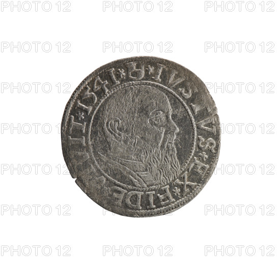 grosz, Schilling, Maciej, R0 (rarity), Albrecht Hohenzollern (Prince of Prussia; 1490–1568) — iconography: eagles, Hohenzollern (coat of arms), male busts in armor. Obverse: Prussian eagle, on its chest the crowned letter S; in the rim, between pearl-shaped borders, an inscription beginning with a trefoil ALBER*D*G*M, N*DVX*PRVSS. Reverse: male bust in armor in profile turned to the right; short hair, long beard with sideburns, dividing the inner border; in the rim, between pearl-shaped borders, an inscription beginning with the Hohenzollern shield *IVSTVS*EX*FID, IT*I54I*. Date: 1541, Königsberg, Ducal Prussia (1525–1701). Coin: diameter 23.8 mm, weight 1.81 g, axis 315°.