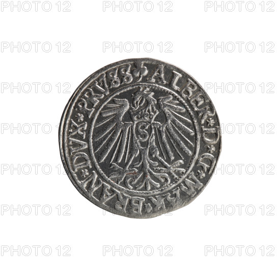 grosz, Schilling, Maciej, R0 (rarity), Albrecht Hohenzollern (Prince of Prussia; 1490-1568) - iconography, eagles, Hohenzollern (coat of arms), male busts in armor, Obv. Prussian eagle, on its chest the crowned letter S. In the rim, between the pearl-shaped borders, an inscription beginning with a trefoil ALBER*D*G*MAR*BRAN*DVX*PRVSS Rev. Male bust in armor in profile turned to the right; short hair, long beard with sideburns, dividing the inner border. In the rim, between the pearl-shaped borders, an inscription beginning with the Hohenzollern shield *IVSTVS*EX*FIDE*VIVIT*I54I*, 1541, Königsberg, Ducal Prussia (1525-1701), coin, diameter 24.0 mm, weight 2.01 g, axis 135 degrees