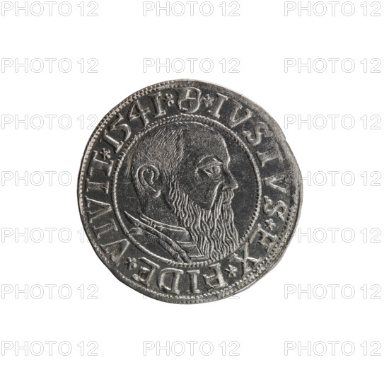 Grosz; Schilling, Maciej. Albrecht Hohenzollern (Prince of Prussia; 1490–1568) — obverse: Prussian eagle with crowned letter S on its chest; rim inscription beginning with a trefoil ALBER*D*G*MAR*BRAN*DVX*PRVSS; inner border of pearl-shaped dots. Reverse: male bust in armor in profile to the right; short hair, long beard with sideburns; rim inscription beginning with the Hohenzollern shield *IVSTVS*EX*FIDE*VIVIT*I54I*; dated 1541, Königsberg, Ducal Prussia (1525–1701). Coin; diameter 24.0 mm; weight 2.01 g; axis 135°.