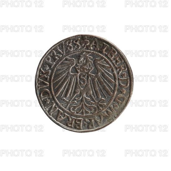 Albrecht Hohenzollern (Prince of Prussia; 1490–1568) — coin (1541, Königsberg, Ducal Prussia). Obverse: Prussian eagle with crowned letter S on its chest; rim inscription beginning with a trefoil ALBER*D*G*MAR*BRAN*DVX*PRVSS between pearl-shaped borders. Reverse: male bust in armor in profile turned right; short hair, long beard with sideburns, inner border divided by Hohenzollern shield; rim inscription beginning with *IVSTVS*EX*FIDE*VIVIT*I54I*. Diameter 23.7 mm; weight 1.96 g; axis 180°. Iconography: eagles, male busts in armor, Hohenzollern coat of arms. Rarity: R0. Makers: Grosz, Schilling, Maciej.