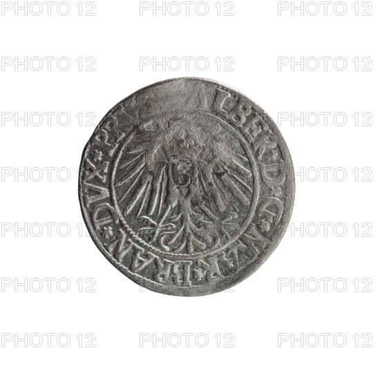 grosz, Schilling, Maciej, R0 (rarity), Albrecht Hohenzollern (Prince of Prussia; 1490–1568) — iconography: eagles, Hohenzollern coat of arms, male busts in armor. Obverse: Prussian eagle, on its chest a crowned letter S; in the rim, between pearl-shaped borders, inscription ALBER*D*G*MAR*BRAN*DVX*PRV. Reverse: male bust in armor in profile turned right; short hair, long beard with sideburns, dividing the inner border; in the rim, between pearl-shaped borders, inscription beginning with the Hohenzollern shield *IVSTVS*EX*FI..]VIVIT*I54I*. Date: 1541, place: Königsberg, Ducal Prussia (1525–1701). Medium: coin. Diameter 23.7 mm; weight 1.89 g; axis 170°.