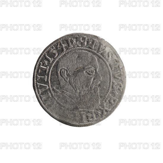 grosz, Schilling, Maciej, R0 (rarity). Albrecht Hohenzollern (Prince of Prussia; 1490–1568) — iconography: eagles, Hohenzollern coat of arms, male busts in armor. Obverse: Prussian eagle, on its chest a crowned letter S; in the rim between the pearl-shaped borders the inscription ALBER*D*G*MAR*BRAN*DVX*PRV. Reverse: male bust in armor in profile to the right; short hair, long beard with sideburns, dividing the inner border; in the rim between the pearl-shaped borders an inscription beginning with the Hohenzollern shield *IVSTVS*EX*FI..]VIVIT*I54I*. Date: 1541, Königsberg, Ducal Prussia (1525–1701). Medium: coin; diameter 23.7 mm, weight 1.89 g, axis 170°.