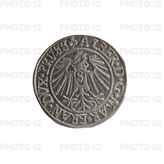 grosz, Schilling, Maciej, R0 (rarity), Albrecht Hohenzollern (Prince of Prussia; 1490–1568) — iconography: eagles, male busts in armor, Hohenzollern coat of arms. Obverse: Prussian eagle with crowned letter S on its chest; in the rim between pearl-shaped borders an inscription beginning with a trefoil ALBER*D*G*MAR*BRAN*DVX*PRVSS. Reverse: male bust in armor in profile facing right; short hair, long beard with sideburns, dividing the inner border; in the rim between pearl-shaped borders an inscription beginning with the Hohenzollern shield *IVSTVS*EX*FIDE*VIVIT*I54I*. 1541, Königsberg, Ducal Prussia (1525–1701). Coin: diameter 23.8 mm, weight 2.01 g, axis 45°.
