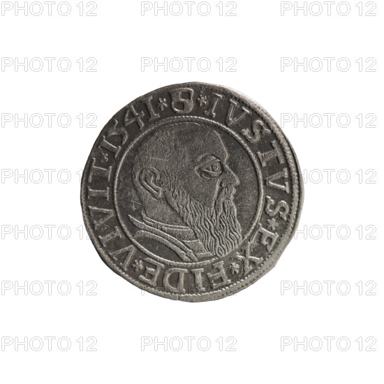 grosz; Schilling, Maciej; R0 (rarity). Albrecht Hohenzollern (Prince of Prussia; 1490–1568). Iconography: eagles, male busts in armor, Hohenzollern coat of arms. Obverse: Prussian eagle, on its chest the crowned letter S; in the rim, between pearl-shaped borders, an inscription beginning with a trefoil ALBER*D*G*MAR*BRAN*DVX*PRVSS. Reverse: male bust in armor in profile turned to the right; short hair, long beard with sideburns, dividing the inner border; in the rim, between pearl-shaped borders, an inscription beginning with the Hohenzollern shield *IVSTVS*EX*FIDE*VIVIT*I54I*. Date/place: 1541, Königsberg, Ducal Prussia (1525–1701). Coin: diameter 23.8 mm, weight 2.01 g, axis 45°.