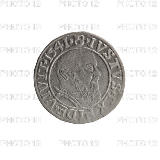 grosz, Schilling, Maciej, R0 (rarity), Albrecht Hohenzollern (Prince of Prussia; 1490–1568) — iconography: eagles, Hohenzollern (coat of arms), male busts in armor. Obverse: Prussian eagle, on its chest the crowned letter S; in the rim, between pearl-shaped borders, an inscription beginning with a trefoil ALBER*D*G*MAR*BRAN*DVX*PRVSS. Reverse: male bust in armor in profile turned to the right; short hair, long beard with sideburns, dividing the inner border; in the rim, between pearl-shaped borders, an inscription beginning with the Hohenzollern shield *IVSTVS*EX*FIDE*VIVIT*I54I*. Dated 1541, Königsberg, Ducal Prussia (1525–1701). Coin: diameter 23.7 mm, weight 1.93 g, axis 45 degrees.
