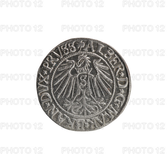 grosz; Schilling, Maciej; R0 (rarity). Eagles; Albrecht Hohenzollern (Prince of Prussia; 1490–1568) — iconography; Hohenzollern (coat of arms). Obverse: Prussian eagle, on its chest the crowned letter S; in the rim, between pearl-shaped borders, an inscription beginning with a trefoil ALBER*D*G*MAR*BRAN*DVX*PRVSS. Reverse: male bust in armor in profile turned to the right; short hair, long beard with sideburns; dividing the inner border; in the rim, between pearl-shaped borders, an inscription beginning with the Hohenzollern shield *IVSTVS*EX*FIDE*VIVIT*I54I*; dated 1541, Königsberg, Ducal Prussia (1525–1701). Coin: diameter 23.3 mm, weight 1.97 g, axis 290°.