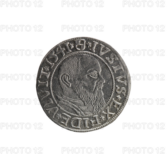 grosz, Schilling, Maciej, R0 (rarity), eagles, Albrecht Hohenzollern (Prince of Prussia; 1490–1568) — iconography, Hohenzollern (coat of arms), male busts in armor. Obv: Prussian eagle, on its chest the crowned letter S; in the rim, between pearl-shaped borders, an inscription beginning with a trefoil ALBER*D*G*MAR*BRAN*DVX*PRVSS. Rev: male bust in armor in profile turned to the right; short hair, long beard with sideburns, dividing the inner border; in the rim, between pearl-shaped borders, an inscription beginning with the Hohenzollern shield *IVSTVS*EX*FIDE*VIVIT*I54I*. 1541, Königsberg, Ducal Prussia (1525–1701). Coin: diameter 23.3 mm, weight 1.97 g, axis 290°.