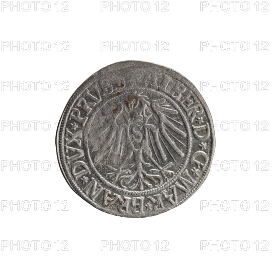grosz, Schilling, Maciej, R0 (rarity), Albrecht Hohenzollern (Prince of Prussia; 1490–1568) — iconography: eagles, Hohenzollern (coat of arms), male busts in armor. Obv.: Prussian eagle, on his chest a crowned letter S; in the rim, between pearl-shaped borders, inscription ALBER*D*G*MAR*BRAN*DVX*PRVS. Rev.: male bust in armor in profile turned to the right; short hair, long beard with sideburns, dividing the inner border; in the rim, between pearl-shaped borders, inscription beginning with the Hohenzollern shield *IVS, X*FIDE*VIVIT*I54I*. Date: 1541, Königsberg, Ducal Prussia (1525–1701). Coin: diameter 24.0 mm, weight 1.85 g, axis 250°.