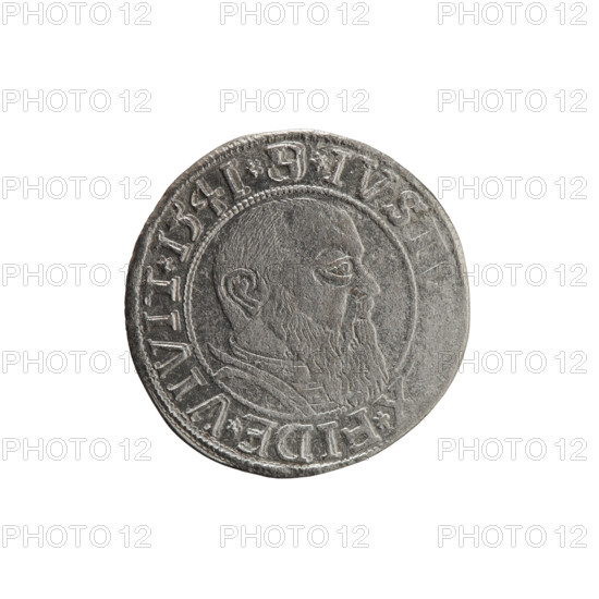 grosz, Schilling, Maciej, R0 (rarity), Albrecht Hohenzollern (Prince of Prussia; 1490–1568) — iconography: eagles, Hohenzollern coat of arms, male busts in armor. Obv.: Prussian eagle, on its chest a crowned letter S; in the rim between pearl-shaped borders the inscription ALBER*D*G*MAR*BRAN*DVX*PRVS. Rev.: male bust in armor in profile turned to the right; short hair, long beard with sideburns; in the rim between pearl-shaped borders an inscription beginning with the Hohenzollern shield *IVS, X*FIDE*VIVIT*I54I*. 1541; Königsberg, Ducal Prussia (1525–1701). Coin: diameter 24.0 mm, weight 1.85 g, axis 250°.
