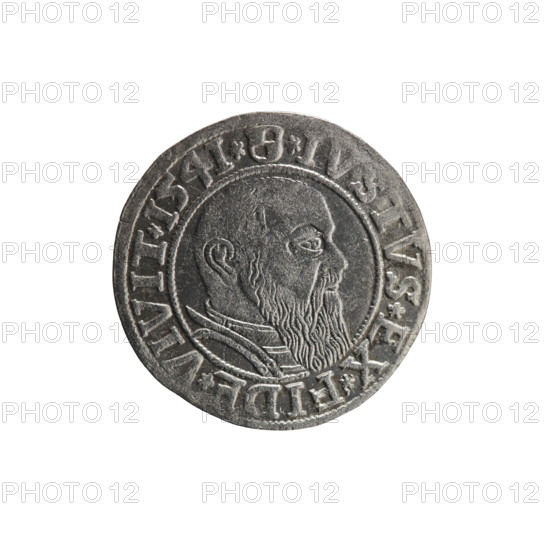 grosz, Schilling, Maciej, R0 (rarity), Albrecht Hohenzollern (Prince of Prussia; 1490–1568) — iconography: eagles, Hohenzollern (coat of arms), male busts in armor. Obv.: Prussian eagle, on its chest the crowned letter S. In the rim, between pearl-shaped borders, an inscription beginning with a trefoil ALBER*D*G*MAR*BRAN*DVX*PRVSS. Rev.: Male bust in armor in profile turned to the right; short hair, long beard with sideburns, dividing the inner border. In the rim, between the pearl-shaped borders, an inscription beginning with the Hohenzollern shield *IVSTVS*EX*FIDE*VIVIT*I54I*. 1541, Königsberg, Ducal Prussia (1525–1701). Coin: diameter 23.8 mm, weight 1.91 g, axis 45°.