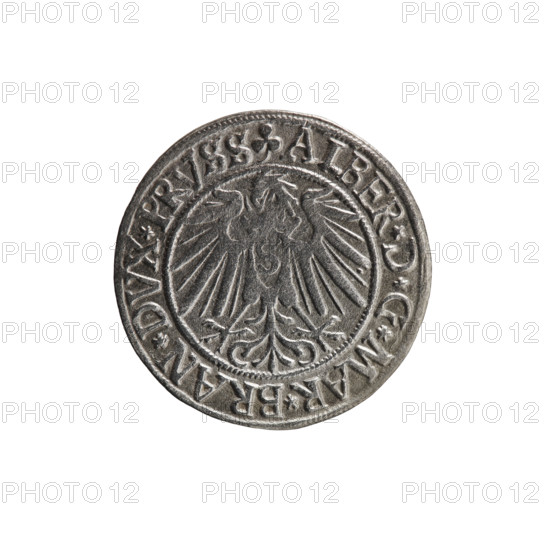 grosz, Schilling, Maciej, R0 (rarity), eagles, Albrecht Hohenzollern (Prince of Prussia; 1490–1568) — iconography; male busts in armor; Hohenzollern (coat of arms). Obv.: Prussian eagle, on its chest the crowned letter S; in the rim, between pearl-shaped borders, an inscription beginning with a trefoil ALBER*D*G*MAR*BRAN*DVX*PRVSS. Rev.: Male bust in armor in profile turned to the right; short hair, long beard with sideburns, dividing the inner border; in the rim, between pearl-shaped borders, an inscription beginning with the Hohenzollern shield *IVSTVS*EX*FIDE*VIVIT*I54I*. 1541, Königsberg, Ducal Prussia (1525–1701). Coin; diameter 23.9 mm; weight 1.65 g; axis 280°.