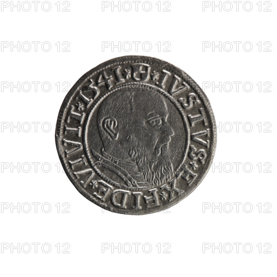 grosz, Schilling, Maciej, R0 (rarity), eagles, Albrecht Hohenzollern (Prince of Prussia; 1490–1568) - iconography, male busts in armor, Hohenzollern (coat of arms). Obv.: Prussian eagle, on its chest the crowned letter S; in the rim, between the pearl-shaped borders, an inscription beginning with a trefoil ALBER*D*G*MAR*BRAN*DVX*PRVSS. Rev.: Male bust in armor in profile turned to the right; short hair, long beard with sideburns, dividing the inner border; in the rim, between the pearl-shaped borders, an inscription beginning with the Hohenzollern shield *IVSTVS*EX*FIDE*VIVIT*I54I*. 1541, Ducal Prussia (1525–1701). Coin: diameter 23.9 mm, weight 1.65 g, axis 280°.