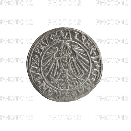 grosz; Schilling, Maciej; R0 (rarity); eagles; Albrecht Hohenzollern (Prince of Prussia; 1490–1568) — iconography; Hohenzollern (coat of arms); male busts in armor. Obverse: Prussian eagle, on its chest the crowned letter S; in the rim, between pearl-shaped borders, an inscription beginning with a trefoil ALBER*D*G*M, AN*DVX*PRVSS. Reverse: male bust in armor in profile turned to the right; short hair, long beard with sideburns, dividing the inner border; in the rim, between the pearl-shaped borders, an inscription beginning with the Hohenzollern shield *IVSTVS*EX*FIDE, VIT*I54I*. Date: 1541, Königsberg, Ducal Prussia (1525–1701). Coin: diameter 24.0 mm, weight 1.80 g, axis 315°.