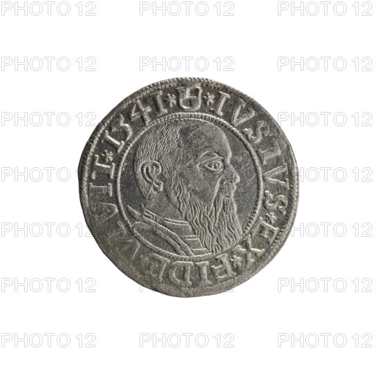 grosz, Schilling, Maciej, R0 (rarity), eagles, Albrecht Hohenzollern (Prince of Prussia; 1490–1568) - iconography, Hohenzollern (coat of arms), male busts in armor, Obv. Prussian eagle, on its chest the crowned letter S. In the rim, between the pearl-shaped borders, an inscription beginning with a trefoil ALBER*D*G*M, AN*DVX*PRVSS. Rv. Male bust in armor in profile turned to the right; short hair, long beard with sideburns, dividing the inner border. In the rim, between the pearl-shaped borders, an inscription beginning with the Hohenzollern shield *IVSTVS*EX*FIDE, VIT*I54I*, 1541, Königsberg, Ducal Prussia (1525–1701), coin: diameter 24.0 mm, weight 1.80 g, axis 315 degrees