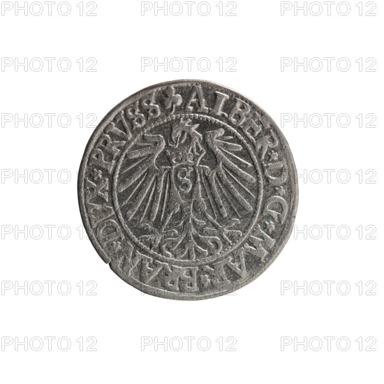 grosz, Schilling, Maciej, R0 (rarity), eagles, Albrecht Hohenzollern (Prince of Prussia; 1490–1568) - iconography, male busts in armor, Hohenzollern (coat of arms). Obv.: Prussian eagle, on its chest the crowned letter S; in the rim, between pearl-shaped borders, an inscription beginning with a trefoil ALBER*D*G*MAR*BRAN*DVX*PRVSS. Rev.: Male bust in armor in profile turned to the right; short hair, long beard with sideburns, dividing the inner border; in the rim, between pearl-shaped borders, an inscription beginning with the Hohenzollern shield *IVSTVS*EX*FIDE*VIVIT*I54I*. 1541, Königsberg, Ducal Prussia (1525–1701). Coin: diameter 23.8 mm, weight 1.88 g, axis 90°.