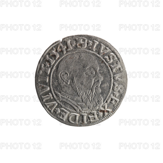 grosz, Schilling, Maciej, R0 (rarity), Albrecht Hohenzollern (Prince of Prussia; 1490–1568) - iconography, eagles, Hohenzollern (coat of arms), male busts in armor. Obverse: Prussian eagle, on its chest the crowned letter S; in the rim, between pearl-shaped borders, an inscription beginning with a trefoil ALBER*D*G*MAR*BRAN*DVX*PRVSS. Reverse: Male bust in armor in profile turned to the right; short hair, long beard with sideburns, dividing the inner border; in the rim, between pearl-shaped borders, an inscription beginning with the Hohenzollern shield *IVSTVS*EX*FIDE*VIVIT*I54I*. 1541, Königsberg, Ducal Prussia (1525–1701). Coin: diameter 23.5 mm, weight 1.97 g, axis 20°.