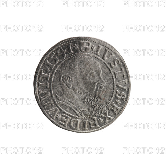 grosz; Schilling, Maciej; R0 (rarity); eagles; Albrecht Hohenzollern (Prince of Prussia; 1490–1568) – iconography; Hohenzollern (coat of arms); male busts in armor. Obv.: Prussian eagle, on his chest the crowned letter S. In the rim, between the pearl-shaped borders, an inscription beginning with a trefoil: ALBER*D*G*MAR*BRAN*DVX*PRVSS. Rev.: Male bust in armor in profile turned to the right; short hair, long beard with sideburns, dividing the inner border. In the rim, between the pearl-shaped borders, an inscription beginning with the Hohenzollern shield: *IVSTVS*EX*FIDE*VIVIT*I54I*. 1541. Königsberg, Ducal Prussia (1525–1701). Coin: diameter 23.8 mm, weight 1.95 g, axis 225°.