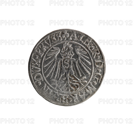 grosz, Schilling, Maciej, R0 (rarity), Albrecht Hohenzollern (Prince of Prussia; 1490–1568) - iconography: eagles, male busts in armor, Hohenzollern (coat of arms). Obv. Prussian eagle, on its chest the crowned letter S; in the rim, between pearl-shaped borders, an inscription beginning with a trefoil ALBER*D*G*MAR*BRAN*DVX*PRVSS. Rev. Male bust in armor in profile turned to the right; short hair, long beard with sideburns, dividing the inner border; in the rim, between pearl-shaped borders, an inscription beginning with the Hohenzollern shield IVSTVS*EX*FIDE*VIVIT*I54I. 1541, Königsberg, Ducal Prussia (1525–1701). Coin: diameter 23.5 mm, weight 2.02 g, axis 160°.