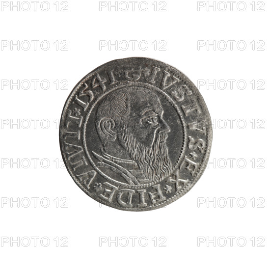 grosz, Schilling, Maciej, R0 (rarity), Albrecht Hohenzollern (Prince of Prussia; 1490–1568) — iconography: eagles, male busts in armor, Hohenzollern coat of arms. Obverse: Prussian eagle, on its chest the crowned letter S; in the rim between pearl-shaped borders an inscription beginning with a trefoil ALBER*D*G*MAR*BRAN*DVX*PRVSS. Reverse: male bust in armor in profile turned to the right; short hair, long beard with sideburns, dividing the inner border; in the rim between the pearl-shaped borders a Hohenzollern shield and inscription IVSTVS*EX*FIDE*VIVIT* I54I. Date: 1541, Königsberg, Ducal Prussia (1525–1701). Coin: diameter 23.5 mm, weight 2.02 g, axis 160°