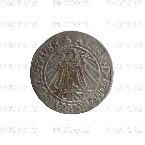 grosz, Schilling, Maciej, R0 (rarity), eagles, Albrecht Hohenzollern (Prince of Prussia; 1490–1568) - iconography, male busts in armor, Hohenzollern (coat of arms). Obv.: Prussian eagle, on its chest the crowned letter S. On the rim, between the pearl-shaped borders, an inscription beginning with a trefoil ALBER*D*G*MAR*BRAN*DVX*PRVSS. Rev.: Male bust in armor in profile turned to the right; short hair, long beard with sideburns, dividing the inner border. On the rim, between the pearl-shaped borders, an inscription beginning with the Hohenzollern shield *IVSTVS*EX*, IDE*VIVIT*I54I*. 1541, Königsberg, Ducal Prussia (1525–1701). Coin: diameter 23.8 mm, weight 1.94 g, axis 270°
