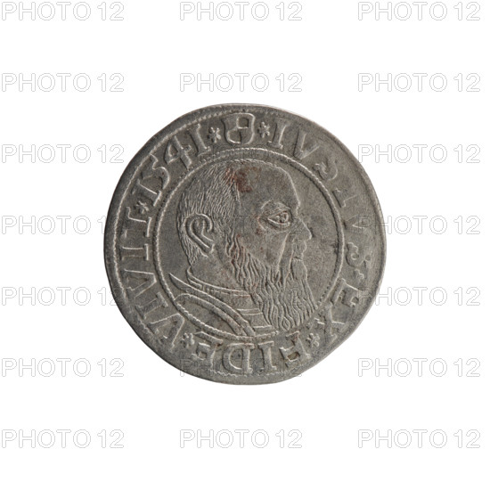 grosz; Schilling, Maciej; R0 (rarity); eagles; Albrecht Hohenzollern (Prince of Prussia; 1490–1568) — iconography; male busts in armor; Hohenzollern (coat of arms). Obv.: Prussian eagle, on his chest the crowned letter S. On the rim, between the pearl-shaped borders, an inscription beginning with a trefoil ALBER*D*G*MAR*BRAN*DVX*PRVSS. Rev.: Male bust in armor in profile turned to the right; short hair, long beard with sideburns, dividing the inner border. On the rim, between the pearl-shaped borders, an inscription beginning with the Hohenzollern shield *IVSTVS*EX*, IDE*VIVIT*I54I*. 1541; Königsberg, Ducal Prussia (1525–1701); coin; diameter 23.8 mm; weight 1.94 g; axis 270°.
