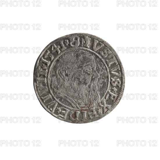 grosz, Schilling, Maciej, R0 (rarity), eagles, Albrecht Hohenzollern (Prince of Prussia; 1490-1568) - iconography, male busts in armor, Hohenzollern (coat of arms). Obv.: Prussian eagle, on his chest the crowned letter S. In the rim, between the pearl-shaped borders, an inscription beginning with a trefoil ALBER*D*G*MAR*BRAN*DVX*PRVSS. Rev.: Male bust in armor in profile turned to the right; short hair, long beard with sideburns, dividing the inner border. In the rim, between the pearl-shaped borders, an inscription beginning with the Hohenzollern shield *IVSTVS*EX*FIDE*VIVIT* I54I*. 1541, Königsberg, Ducal Prussia (1525–1701). Coin: diameter 23.8 mm, weight 2.05 g, axis 270°.