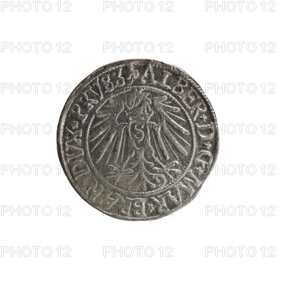 grosz, Schilling, Maciej, R0 (rarity), eagles, Albrecht Hohenzollern (Prince of Prussia; 1490–1568) - iconography, Hohenzollern (coat of arms), male busts in armor. Obverse: Prussian eagle, on its chest the crowned letter S; in the rim, between pearl-shaped borders, an inscription beginning with a trefoil ALBER*D*G*MAR*BRAN*DVX*PRVSS. Reverse: male bust in armor in profile turned to the right; short hair, long beard with sideburns, dividing the inner border; in the rim, between pearl-shaped borders, an inscription beginning with the Hohenzollern shield *IVSTVS,*FIDE*VIVIT*I54I*. Date: 1541, Königsberg, Ducal Prussia (1525–1701). Coin: diameter 23.9 mm, weight 2.13 g, axis 45°.