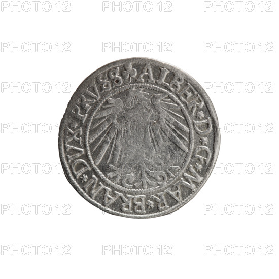 grosz, Schilling, Maciej, R0 (rarity), Albrecht Hohenzollern (Prince of Prussia; 1490–1568) — iconography: eagles, Hohenzollern coat of arms; male busts in armour. Obverse: Prussian eagle; in the rim between beaded borders an inscription beginning with a trefoil ALBER*D*G*MAR*BRAN*DVX*PRVSS. Reverse: male bust in armour in profile turned to the right; short hair, long beard with sideburns, dividing the inner border; in the rim between beaded borders an inscription beginning with the Hohenzollern shield *IVSTVS*EX*FIDE*VIVIT*I54I*. 1541, Königsberg, Ducal Prussia (1525–1701). Coin: diameter 24.0 mm, weight 1.93 g, axis 30°.