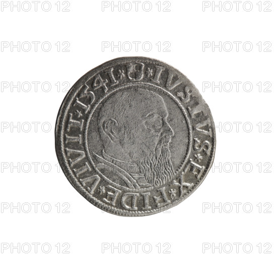 grosz, Schilling, Maciej, R0 (rarity), Albrecht Hohenzollern (Prince of Prussia; 1490–1568) — iconography: eagles, Hohenzollern coat of arms, male busts in armour. Obverse: Prussian eagle; in the rim between beaded borders an inscription beginning with a trefoil ALBER*D*G*MAR*BRAN*DVX*PRVSS. Reverse: male bust in armour in profile turned to the right; short hair, long beard with sideburns, dividing the inner border; in the rim between beaded borders an inscription beginning with the Hohenzollern shield *IVSTVS*EX*FIDE*VIVIT*I54I*. 1541, Königsberg, Ducal Prussia (1525–1701). Coin: diameter 24.0 mm, weight 1.93 g, axis 30°.