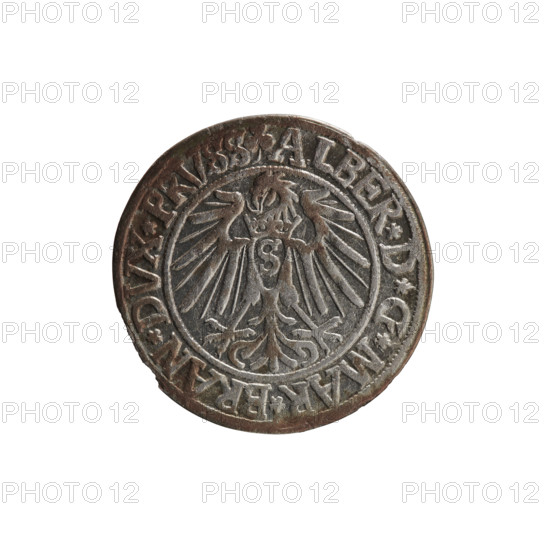 grosz, Schilling, Maciej, R0 (rarity), Albrecht Hohenzollern (Prince of Prussia; 1490–1568) — iconography: Hohenzollern coat of arms, male busts in armor, eagles. Obverse: Prussian eagle; on its chest the crowned letter S. In the rim, between pearl-shaped borders, an inscription beginning with a trefoil: ALBER*D*G*MAR*BRAN*DVX*PRVSS. Reverse: male bust in armor in profile turned to the right; short hair, long beard with sideburns, dividing the inner border. In the rim, between pearl-shaped borders, an inscription beginning with the Hohenzollern shield: *IVSTVS*EX*FIDE*VIVIT*I54I*. 1541, Königsberg, Ducal Prussia (1525–1701). Coin; diameter 24.0 mm; weight 1.83 g; axis 190°.