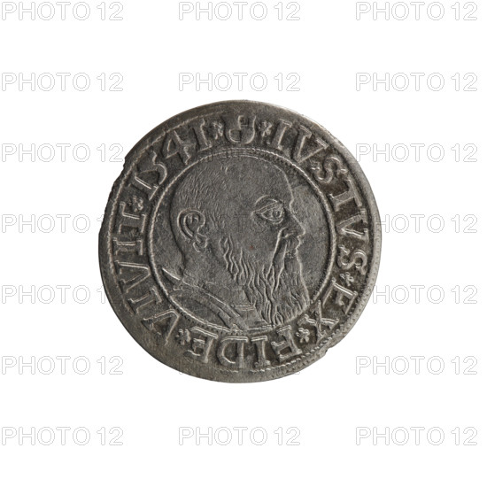 grosz, Schilling, Maciej, R0 (rarity), Albrecht Hohenzollern (Prince of Prussia; 1490–1568) — iconography: Hohenzollern coat of arms, male busts in armor, eagles. Obverse: Prussian eagle, on its chest the crowned letter S; in the rim, between pearl-shaped borders, an inscription beginning with a trefoil: ALBER*D*G*MAR*BRAN*DVX*PRVSS. Reverse: male bust in armor in profile turned to the right; short hair, long beard with sideburns, dividing the inner border; in the rim, between pearl-shaped borders, an inscription beginning with the Hohenzollern shield: *IVSTVS*EX*FIDE*VIVIT*I54I*. 1541, Königsberg, Ducal Prussia (1525–1701). Coin: diameter 24.0 mm, weight 1.83 g, axis 190°