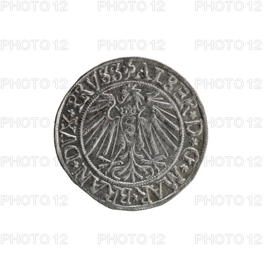 grosz, Schilling, Maciej, R3 (rarity), Albrecht Hohenzollern (Prince of Prussia; 1490-1568) - iconography, eagles, Hohenzollern (coat of arms), male busts in armour. Obv. Prussian eagle, on his chest the crowned letter S. On the rim, between the pearl-shaped borders, an inscription beginning with a trefoil ALBER*D*G*MAR*BRAN*DVX*PRVSS. Rev. Male bust in armour in profile turned to the right; short hair, beard with sideburns. On the rim, between the pearl-shaped borders, an inscription beginning with the Hohenzollern shield *IVSTVS*EX*FIDE*VIVIT*I54I*, 1541, Königsberg, Ducal Prussia (1525-1701), coin: diameter 23.8 mm, weight 2.02 g, axis 225 degrees