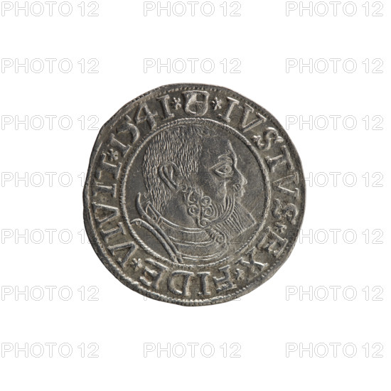 grosz, Schilling, Maciej, R3 (rarity). Albrecht Hohenzollern (Prince of Prussia; 1490–1568) — iconography: eagles, Hohenzollern (coat of arms), male busts in armour. Obv.: Prussian eagle, on its chest the crowned letter S; on the rim, between pearl-shaped borders, an inscription beginning with a trefoil ALBER*D*G*MAR*BRAN*DVX*PRVSS. Rev.: Male bust in armour in profile turned to the right; short hair, beard with sideburns; on the rim, between pearl-shaped borders, an inscription beginning with the Hohenzollern shield *IVSTVS*EX*FIDE*VIVIT*I54I*. 1541, Königsberg, Ducal Prussia (1525–1701). Coin: diameter 23.8 mm, weight 2.02 g, axis 225°.