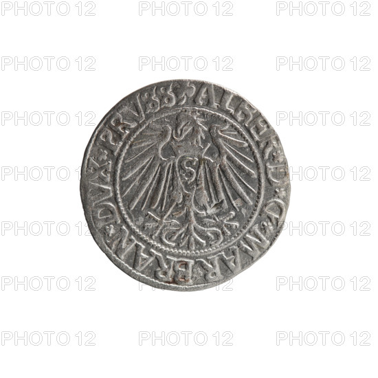 Albrecht Hohenzollern (Prince of Prussia; 1490–1568) grosz (Schilling, Maciej), R0 (rarity). Obverse: Prussian eagle, on its chest the crowned letter S; in the rim between pearl-shaped borders an inscription beginning with a trefoil ALBER*D*G*MAR*BRAN*DVX*PRVSS. Reverse: male bust in armor in profile turned right; short hair, long beard with sideburns, dividing the inner border; in the rim between pearl-shaped borders an inscription beginning with the Hohenzollern shield *IVSTVS*EX*FIDE*VIVIT*I54I*. 1541, Königsberg, Ducal Prussia (1525–1701). Coin: diameter 23.0 mm, weight 1.89 g, axis 100°.