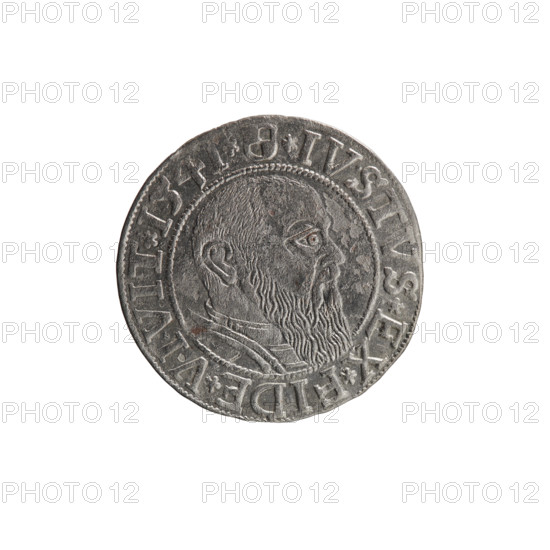 Albrecht Hohenzollern (Prince of Prussia; 1490–1568) — coin, 1541. Obverse: Prussian eagle, on its chest the crowned letter S; rim between pearl-shaped borders with inscription beginning with a trefoil ALBER*D*G*MAR*BRAN*DVX*PRVSS. Reverse: male bust in armor in profile turned to the right; short hair, long beard with sideburns; inner border divided by the Hohenzollern shield and rim inscription beginning with *IVSTVS*EX*FIDE*VIVIT*I54I*. Ducal Prussia (1525–1701). Diameter 23.0 mm, weight 1.89 g, axis 100°. Iconography: eagles, Hohenzollern coat of arms, male busts in armor.