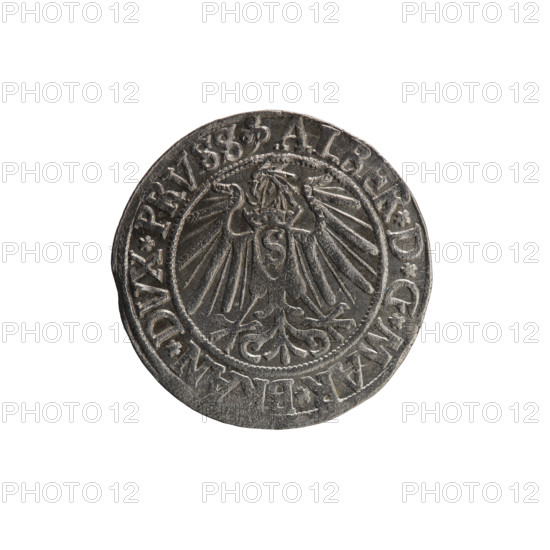 grosz; Schilling, Maciej; R0 (rarity). Albrecht Hohenzollern (Prince of Prussia; 1490–1568). Obverse: Prussian eagle, on its chest the crowned letter S; in the rim between pearl-shaped borders an inscription beginning with a trefoil ALBER*D*G*MAR*BRAN*DVX*PRVSS. Reverse: male bust in armor in profile turned to the right; short hair, long beard with sideburns; in the rim between pearl-shaped borders an inscription beginning with the Hohenzollern shield *IV, S*EX*FIDE*VIVIT*I54I*. 1541, Königsberg, Ducal Prussia (1525–1701). Coin; diameter 23.7 mm; weight 1.98 g; axis 90°.