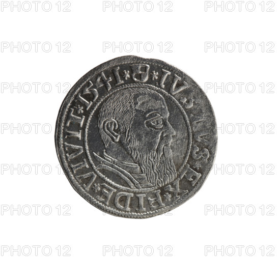 Albrecht Hohenzollern (Prince of Prussia; 1490–1568) — silver grosz (Schilling, Maciej), R0 (rarity), 1541, Königsberg, Ducal Prussia (1525–1701). Obverse: Prussian eagle, on its chest the crowned letter S; rim between pearl-shaped borders with inscription beginning with a trefoil ALBER*D*G*MAR*BRAN*DVX*PRVSS. Reverse: male bust in armor in profile turned to the right; short hair, long beard with sideburns; inner border divided; rim between pearl-shaped borders with an inscription beginning with the Hohenzollern shield *IV, S*EX*FIDE*VIVIT*I54I*. Coin: diameter 23.7 mm, weight 1.98 g, axis 90°.
