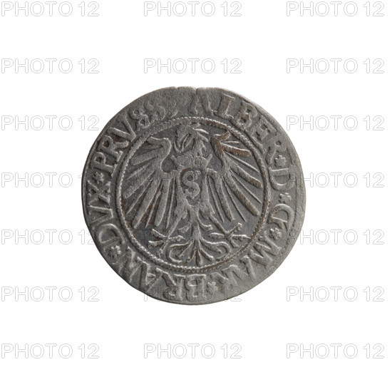 grosz, Schilling, Maciej, R0 (rarity), Albrecht Hohenzollern (Prince of Prussia; 1490–1568) — iconography: eagles, male busts in armor, Hohenzollern (coat of arms). Obverse: Prussian eagle, on its chest a crowned letter S; in the rim between pearl-shaped borders the inscription ALBER*D*G*MAR*BRAN*DVX*PRVSS. Reverse: male bust in armor in profile turned to the right; short hair, long beard with sideburns, dividing the inner border; in the rim between pearl-shaped borders an inscription beginning with the Hohenzollern shield *IVSTVS*EX*FIDE*VIVIT*I54I*. 1541, Königsberg, Ducal Prussia (1525–1701). Coin: diameter 23.6 mm, weight 1.87 g, axis 270°.
