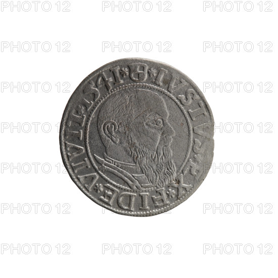 grosz, Schilling, Maciej, R0 (rarity), Albrecht Hohenzollern (Prince of Prussia; 1490–1568) — iconography: eagles, male busts in armor, Hohenzollern coat of arms. Obverse: Prussian eagle, on its chest a crowned letter S; in the rim between pearl-shaped borders the inscription ALBER*D*G*MAR*BRAN*DVX*PRVSS. Reverse: male bust in armor in profile turned to the right; short hair, long beard with sideburns, inner border divider; in the rim between pearl-shaped borders an inscription beginning with the Hohenzollern shield *IVSTVS*EX*FIDE*VIVIT*I54I*. 1541, Königsberg, Ducal Prussia (1525–1701). Coin: diameter 23.6 mm, weight 1.87 g, axis 270°.