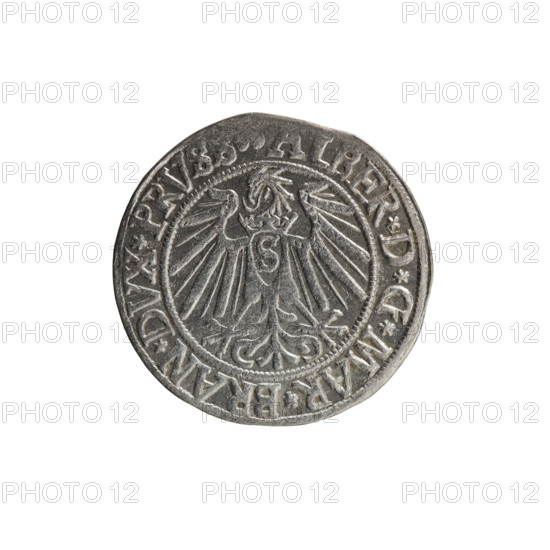 grosz, Schilling, Maciej, R0 (rarity), eagles, Albrecht Hohenzollern (Prince of Prussia; 1490–1568) - iconography, Hohenzollern (coat of arms), male busts in armor, Obv. Prussian eagle, on his chest the crowned letter S. In the rim, between the pearl-shaped borders, the inscription ALBER*D*G*MAR*BRAN*DVX*PRVSS. Rev. Male bust in armor in profile turned to the right; short hair, long beard with sideburns, dividing the inner border. In the rim, between the pearl-shaped borders, an inscription beginning with the Hohenzollern shield *IVSTVS*EX*FIDE*VIVIT*I54I*. 1541, Königsberg, Ducal Prussia (1525–1701). Coin: diameter 23.8 mm, weight 1.94 g, axis 225°.