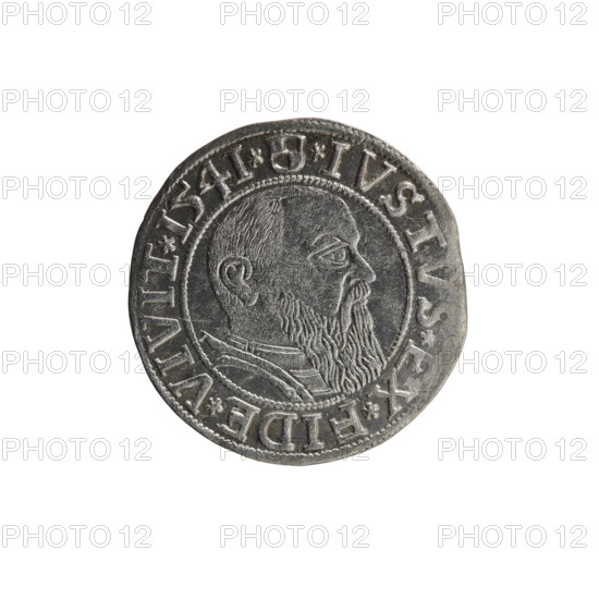 grosz, Schilling, Maciej, R0 (rarity), eagles, Albrecht Hohenzollern (Prince of Prussia; 1490-1568) - iconography, Hohenzollern (coat of arms), male busts in armor, Obv. Prussian eagle, on his chest the crowned letter S. In the rim, between the pearl-shaped borders, the inscription ALBER*D*G*MAR*BRAN*DVX*PRVSS. Rev. Male bust in armor in profile turned to the right; short hair, long beard with sideburns, dividing the inner border. In the rim, between the pearl-shaped borders, an inscription beginning with the Hohenzollern shield *IVSTVS*EX*FIDE*VIVIT*I54I*. 1541, Königsberg, Ducal Prussia (1525–1701), coin; diameter 23.8 mm; weight 1.94 g; axis 225°