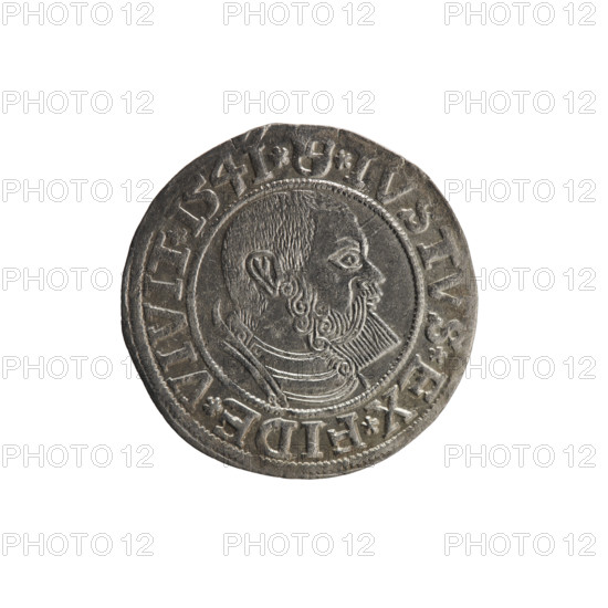 grosz, Schilling, Maciej, R3 (rarity), eagles, Hohenzollern (coat of arms), male busts in armor, Albrecht Hohenzollern (Prince of Prussia; 1490–1568) - iconography. Obv. Prussian eagle, on his chest the crowned letter S. In the rim, between the pearl-shaped borders, an inscription beginning with a trefoil ALBER*D*G*MAR*BRAN*DVX*PRVSS. Rev. Male bust in armor in profile turned to the right; short hair, long beard with sideburns, dividing the inner border. In the rim, between the pearl-shaped borders, an inscription beginning with the Hohenzollern shield *IVSTVS*EX*FIDE*VIVIT*1541*. 1541. Ducal Prussia (1525–1701). Coin: diameter 24.2 mm, weight 2.03 g, axis 135°.