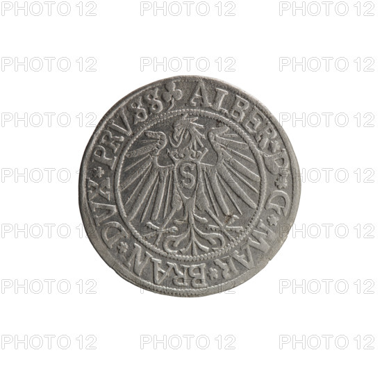 grosz, Schilling, Maciej, R0 (rarity), eagles, Albrecht Hohenzollern (Prince of Prussia; 1490–1568) - iconography, male busts in armor, Hohenzollern (coat of arms). Obverse: Prussian eagle, on its chest the crowned letter S; in the rim, between pearl-shaped borders, an inscription beginning with a trefoil ALBER*D*G*MAR*BRAN*DVX*PRVSS. Reverse: male bust in armor in profile turned to the right; short hair, long beard with sideburns, dividing the inner border; in the rim, between pearl-shaped borders, an inscription beginning with the Hohenzollern shield *IVSTVS*EX*FIDE*VIVIT*I54I*. 1541, Königsberg, Ducal Prussia (1525–1701). Coin: diameter 24.0 mm, weight 1.80 g, axis 135 degrees.