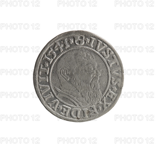 grosz, Schilling, Maciej, R0 (rarity); eagles; Albrecht Hohenzollern (Prince of Prussia; 1490–1568) — iconography; male busts in armor; Hohenzollern (coat of arms). Obv.: Prussian eagle, on his chest the crowned letter S. In the rim, between the pearl-shaped borders, an inscription beginning with a trefoil ALBER*D*G*MAR*BRAN*DVX*PRVSS. Rev.: Male bust in armor in profile turned to the right; short hair, long beard with sideburns, dividing the inner border. In the rim, between the pearl-shaped borders, an inscription beginning with the Hohenzollern shield *IVSTVS*EX*FIDE*VIVIT*I54I*. 1541, Königsberg, Ducal Prussia (1525–1701). Coin: diameter 24.0 mm, weight 1.80 g, axis 135°.