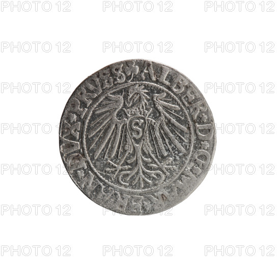 Albrecht Hohenzollern (Prince of Prussia; 1490–1568) — obverse: Prussian eagle with crowned letter S on its chest; rim inscription beginning with a trefoil ALBER*D*G*MAR*BRAN*DVX*PRVSS; pearl-shaped borders. Reverse: male bust in armor in profile to the right; short hair, long beard with sideburns; rim inscription beginning with the Hohenzollern shield *IVSTVS*E, IDE*VIVIT*I54I*; dated 1541. Königsberg, Ducal Prussia (1525–1701). Coin; diameter 23.0 mm; weight 2.10 g; axis 60°. Iconography: eagles, Hohenzollern (coat of arms), male busts in armor. Rarity: R0. Makers/attribution: grosz, Schilling, Maciej.