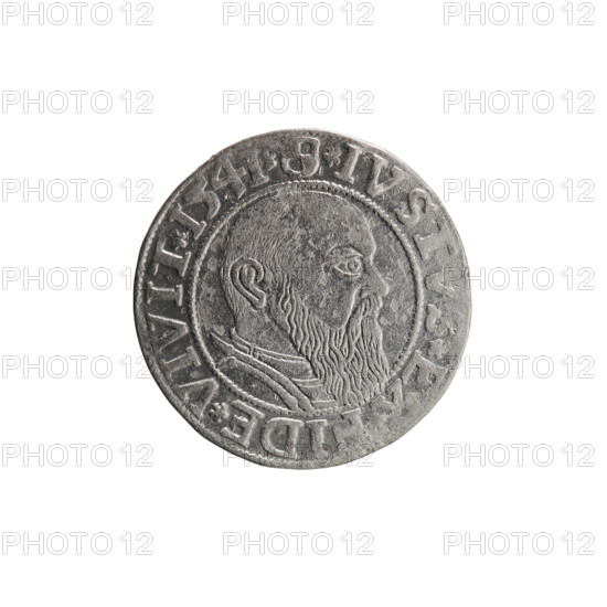 Albrecht Hohenzollern (Prince of Prussia; 1490–1568) — coin (1541), Königsberg, Ducal Prussia (1525–1701). Obverse: Prussian eagle, on its chest the crowned letter S; rim between pearl-shaped borders with an inscription beginning with a trefoil ALBER*D*G*MAR*BRAN*DVX*PRVSS. Reverse: male bust in armor in profile turned to the right; short hair, long beard with sideburns; inner border divided; rim between pearl-shaped borders with an inscription beginning with the Hohenzollern shield *IVSTVS*E, IDE*VIVIT*I54I*. Groz/Schilling/Maciej; R0 (rarity). Coin: diameter 23.0 mm, weight 2.10 g, axis 60°.