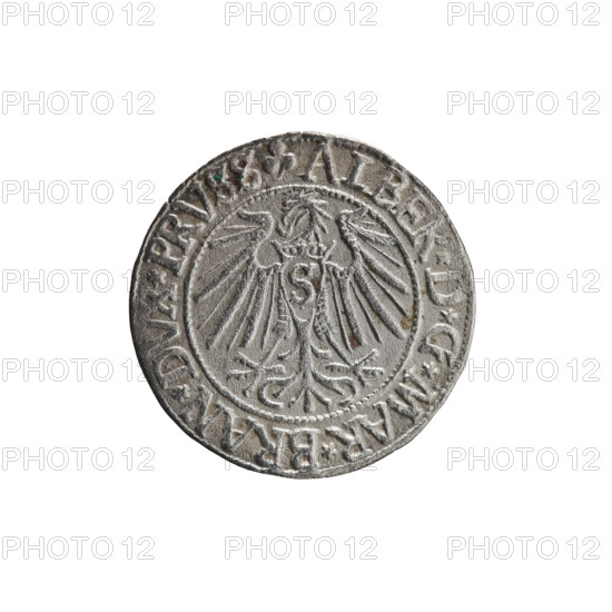 grosz, Schilling, Maciej, R0 (rarity), Albrecht Hohenzollern (Prince of Prussia; 1490–1568) — iconography: eagles, male busts in armor, Hohenzollern (coat of arms). Obv.: Prussian eagle, on its chest the crowned letter S; in the rim, between pearl-shaped borders, an inscription beginning with a trefoil ALBER*D*G*MAR*BRAN*DVX*PRVSS. Rev.: Male bust in armor in profile turned to the right; short hair, long beard with sideburns, dividing the inner border; in the rim, between pearl-shaped borders, an inscription beginning with the Hohenzollern shield *IVSTVS*EX*FIDE*VIVIT*I54I*. 1541, Königsberg, Ducal Prussia (1525–1701). Coin: diameter 23.2 mm, weight 1.65 g, axis 60°.