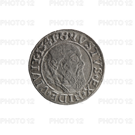 grosz, Schilling, Maciej, R0 (rarity), Albrecht Hohenzollern (Prince of Prussia; 1490–1568) — iconography: eagles, male busts in armor, Hohenzollern (coat of arms). Obv.: Prussian eagle, on its chest the crowned letter S; in the rim between pearl-shaped borders, inscription beginning with a trefoil ALBER*D*G*MAR*BRAN*DVX*PRVSS. Rev.: male bust in armor in profile to the right; short hair, long beard with sideburns, dividing the inner border; in the rim between pearl-shaped borders, inscription beginning with the Hohenzollern shield *IVSTVS*EX*FIDE*VIVIT*I54I*. 1541, Königsberg, Ducal Prussia (1525–1701). Coin: diameter 23.2 mm, weight 1.65 g, axis 60°.