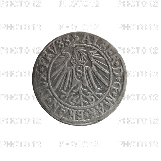 grosz, Schilling, Maciej, R0 (rarity), Albrecht Hohenzollern (Prince of Prussia; 1490–1568) — iconography: Hohenzollern coat of arms, male busts in armor, eagles. Obverse: Prussian eagle with on its chest a crowned letter S; in the rim between pearl-shaped borders an inscription beginning with a trefoil ALBER*D*G*MAR*, *PRVSS. Reverse: male bust in armor in profile turned to the right; short hair, long beard with sideburns, dividing the inner border; in the rim between the pearl-shaped borders an inscription beginning with the Hohenzollern shield *IV, *EX*FIDE*VIVIT, 1541. Place/style: Königsberg, Ducal Prussia (1525–1701). Object: coin; diameter 24.1 mm; weight 1.90 g; axis 150°.